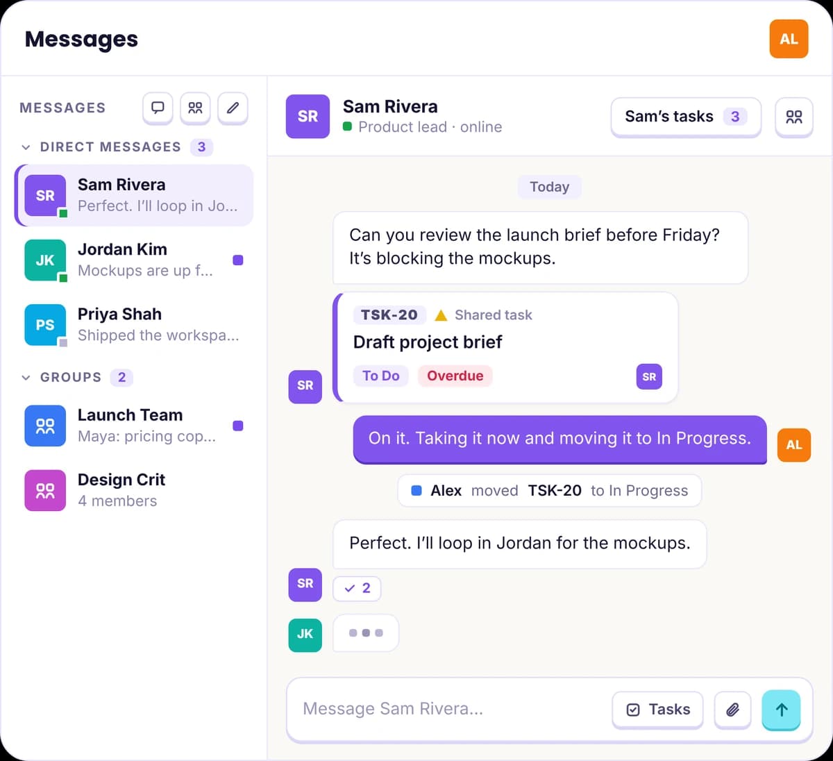 Kogna Messages: a direct message with Sam Rivera where a shared task, Draft project brief, is discussed and moved to In Progress