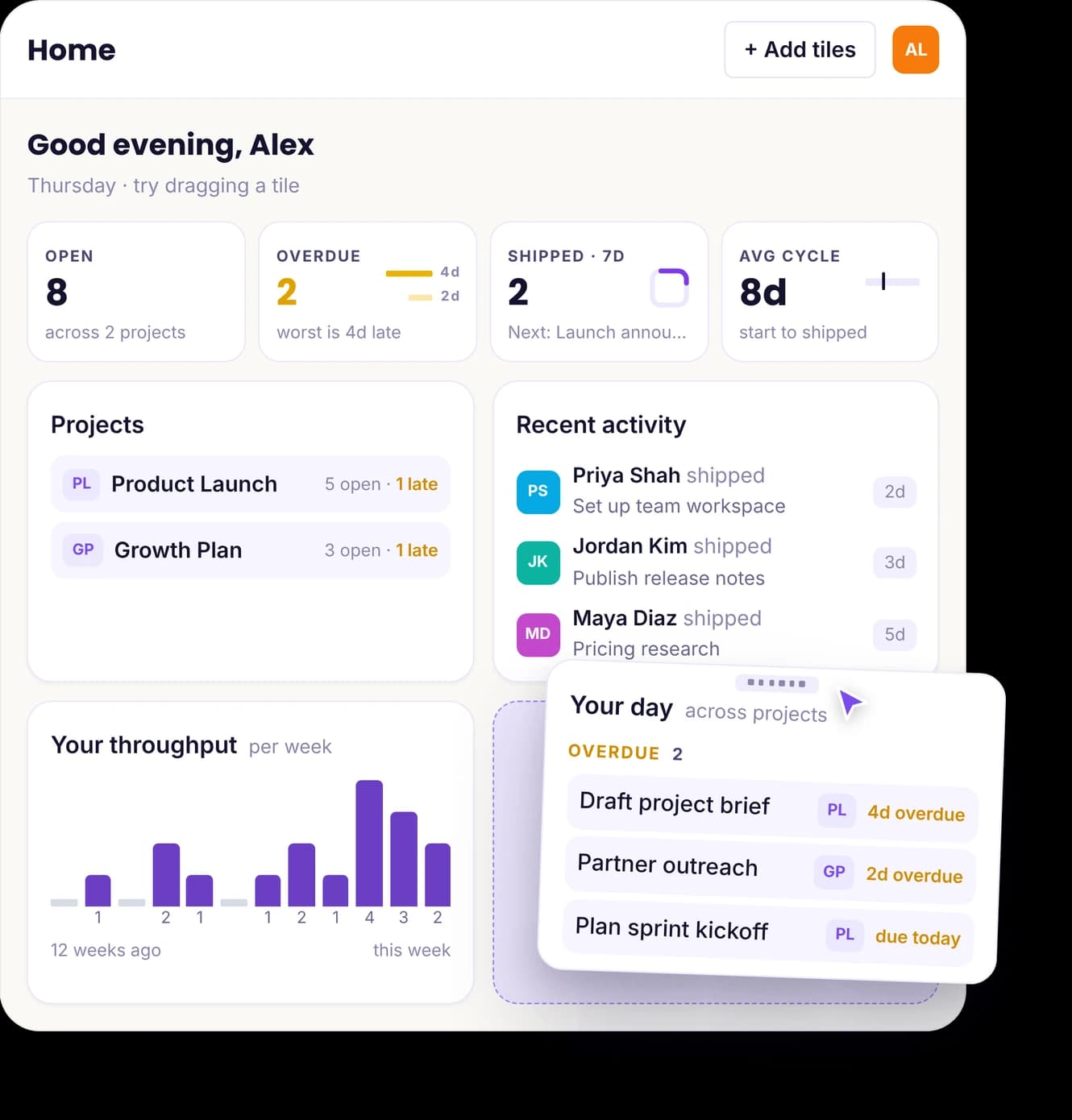 Kogna Home dashboard with Smart Tiles being rearranged